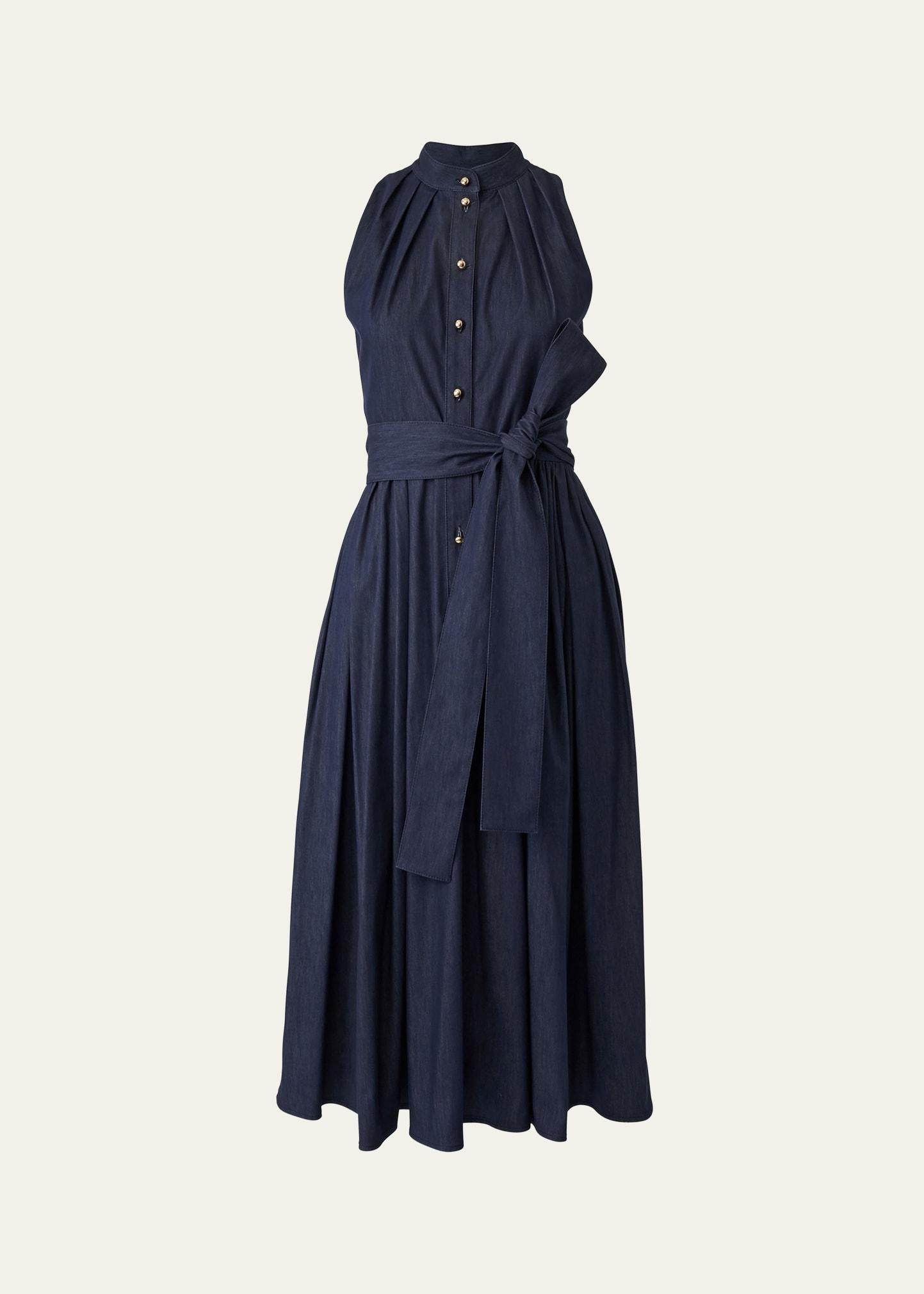 pleated self-tie full midi dress