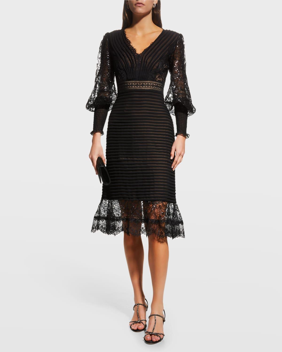 pleated sequin lace-trim dress
