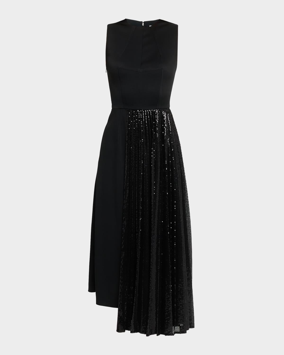 pleated sequin overlay sleeveless midi dress