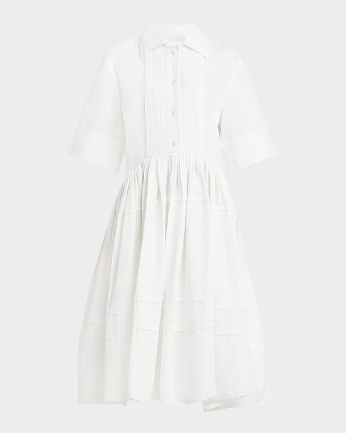 pleated short-sleeve tiered midi shirtdress