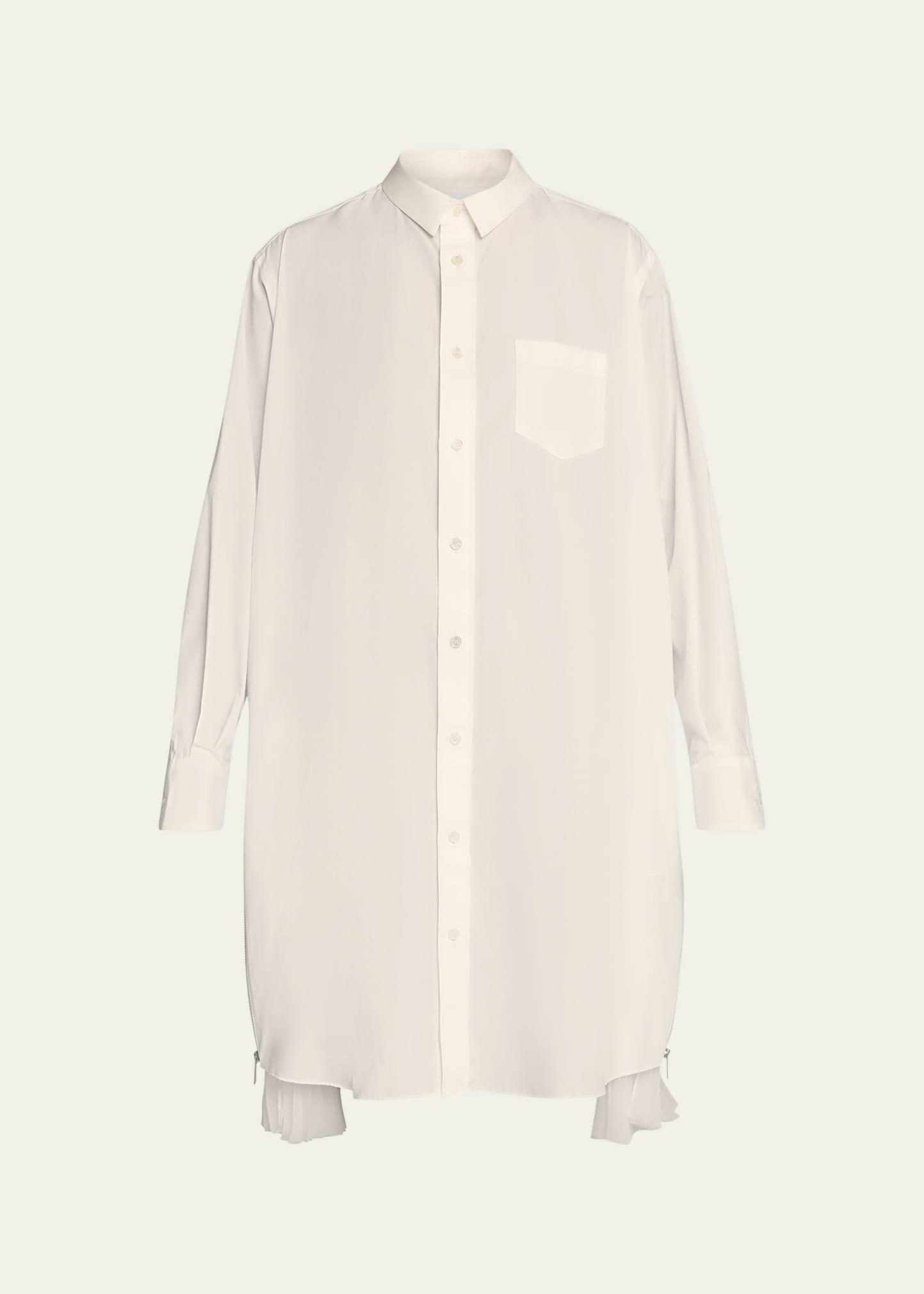 pleated-side long button-front shirtdress