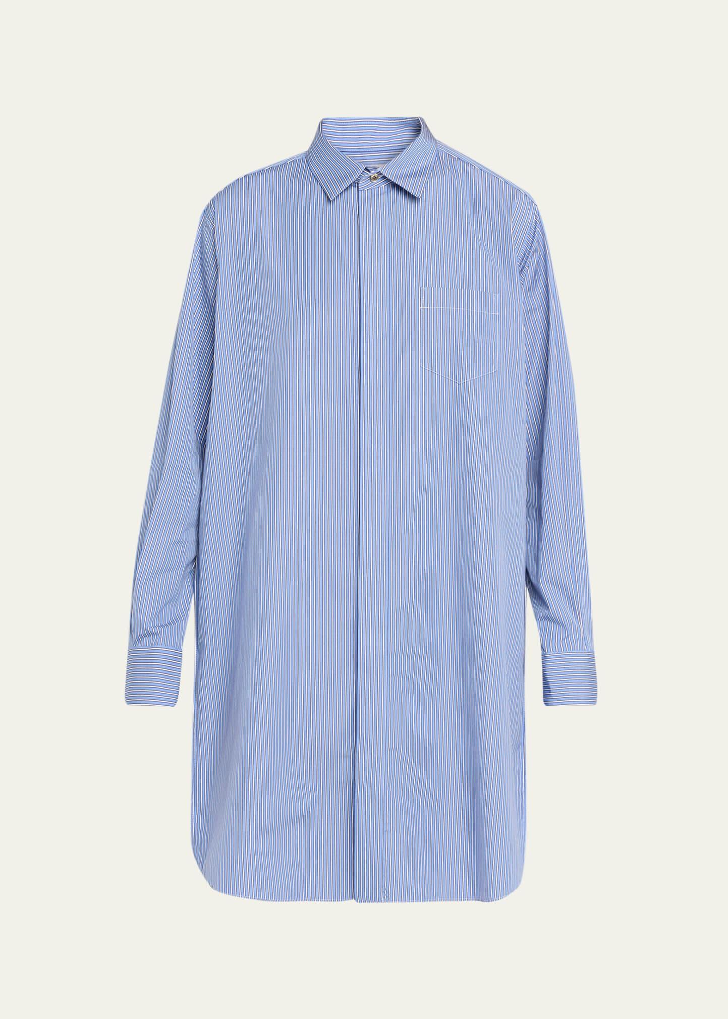 pleated sides striped poplin shirtdress