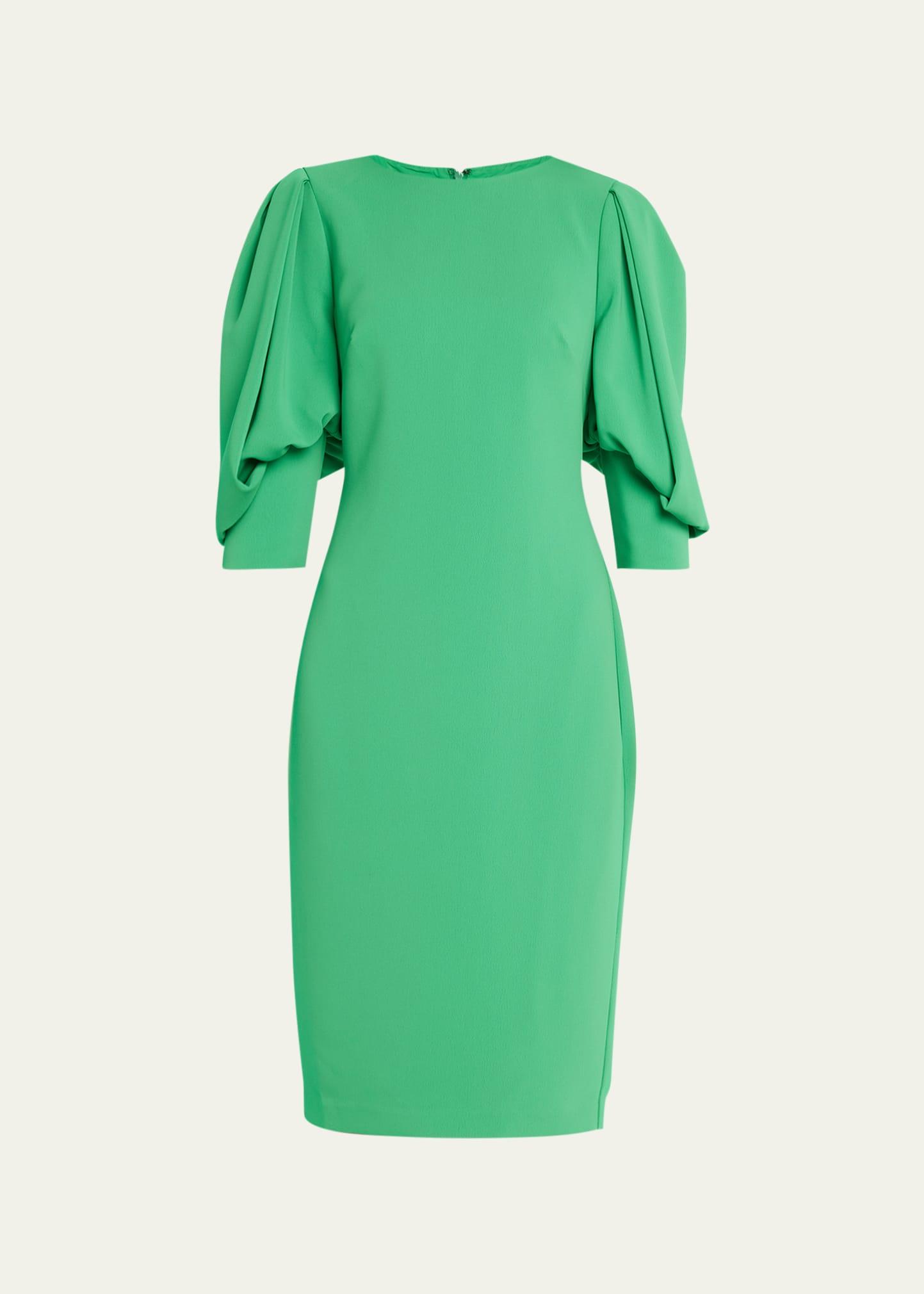 pleated-sleeve bodycon crepe midi dress