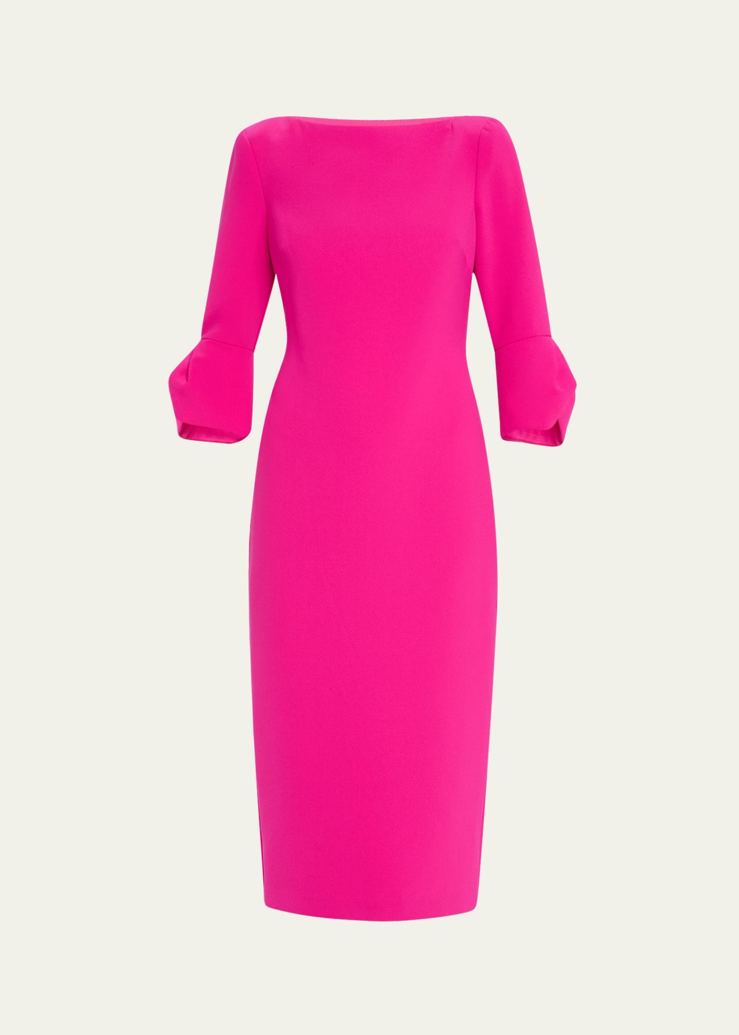 pleated-sleeve midi sheath dress