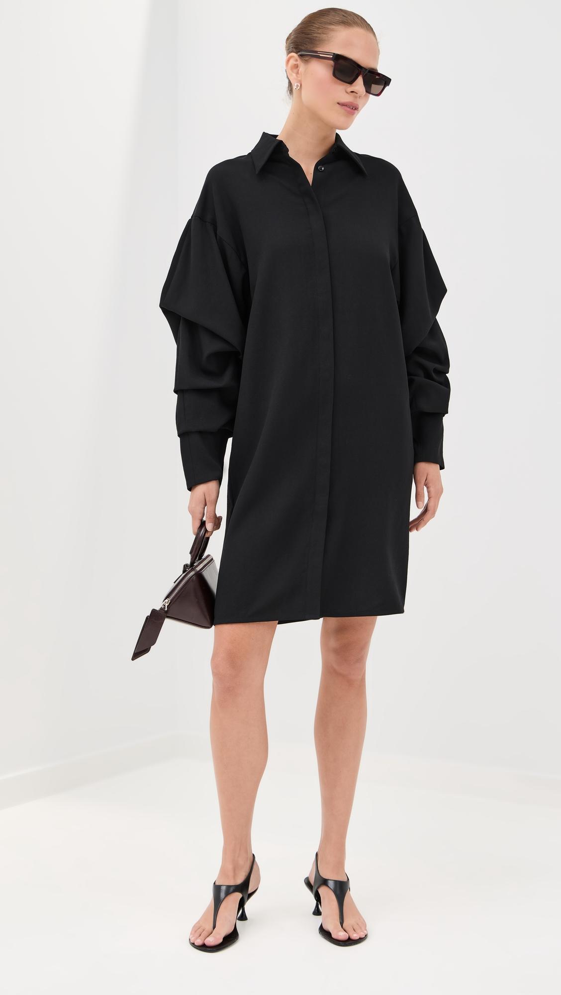 pleated sleeve wool crepe shirt dress
