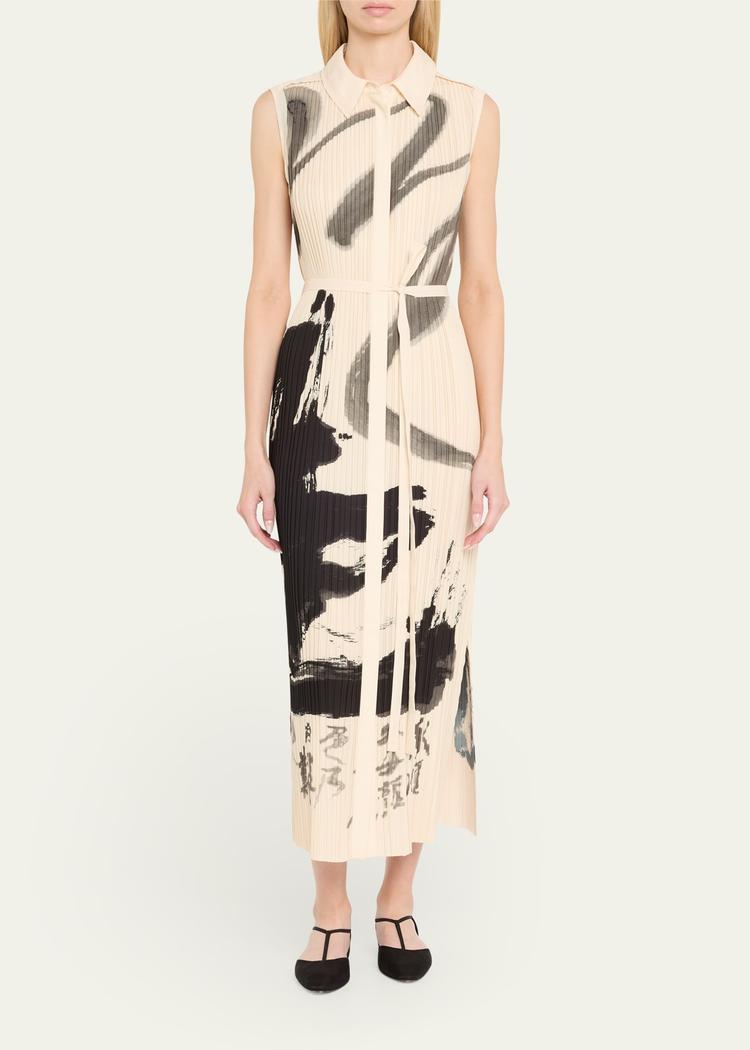 pleated sleeveless maxi shirtdress with artwork by tong
