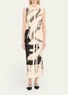 pleated sleeveless maxi shirtdress with artwork by tong