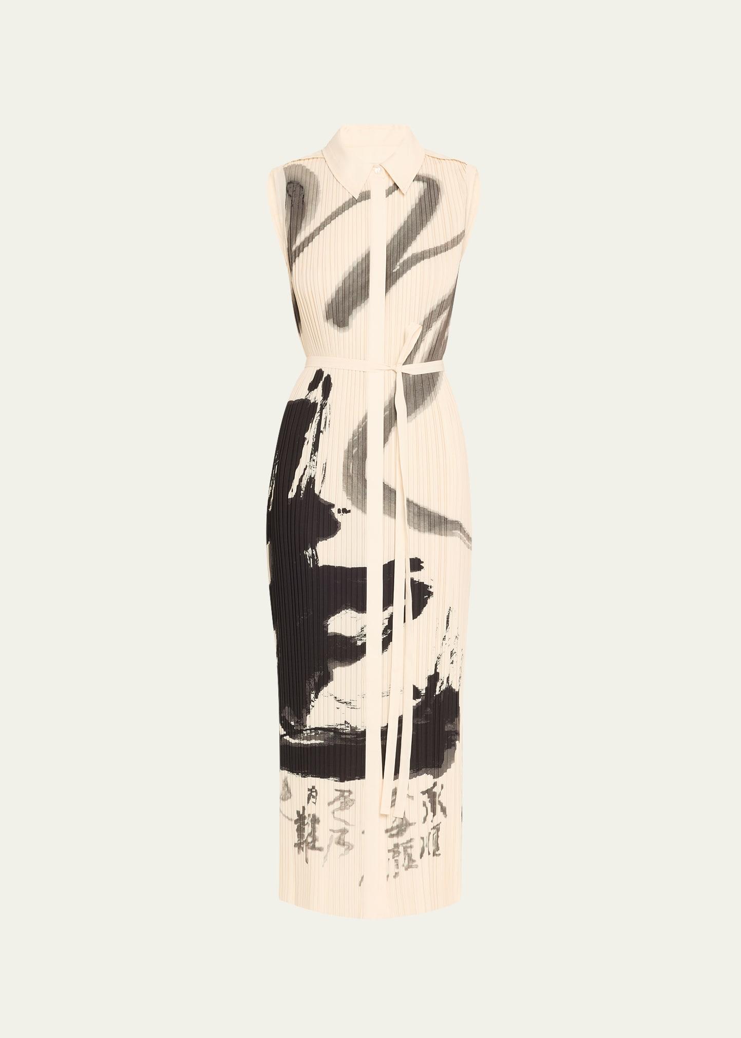 pleated sleeveless maxi shirtdress with artwork by tong
