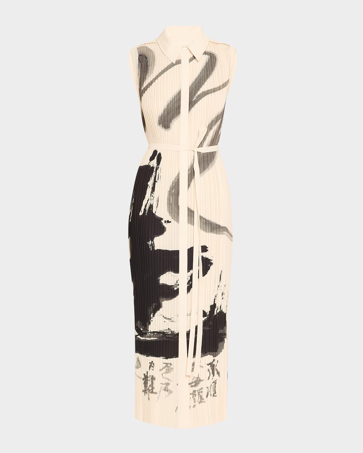 pleated sleeveless maxi shirtdress with artwork by tong