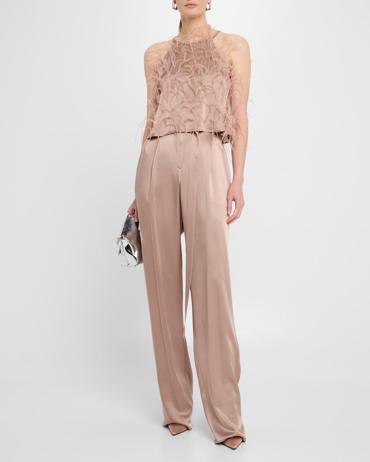 pleated straight-leg satin pants with belt