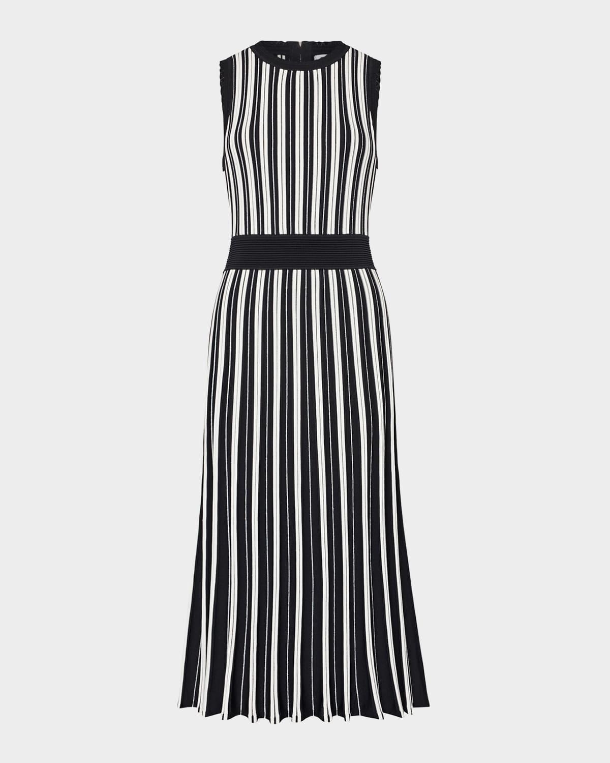 pleated striped knit midi dress