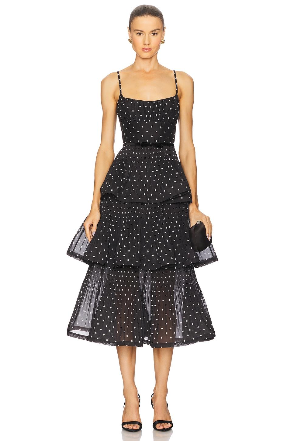 pleated tiered midi dress in black & cream polka dot