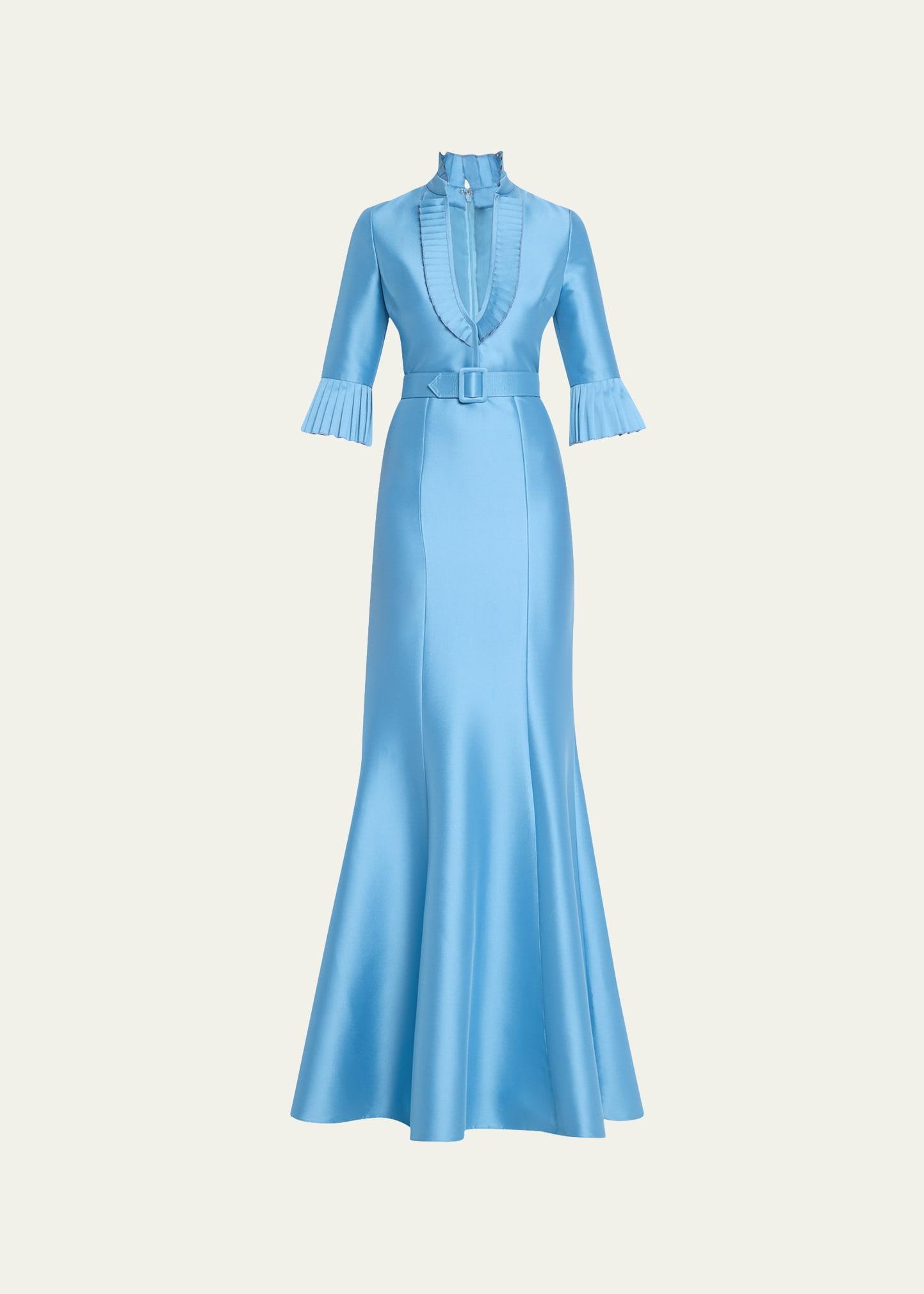 pleated-trim trumpet mikado gown