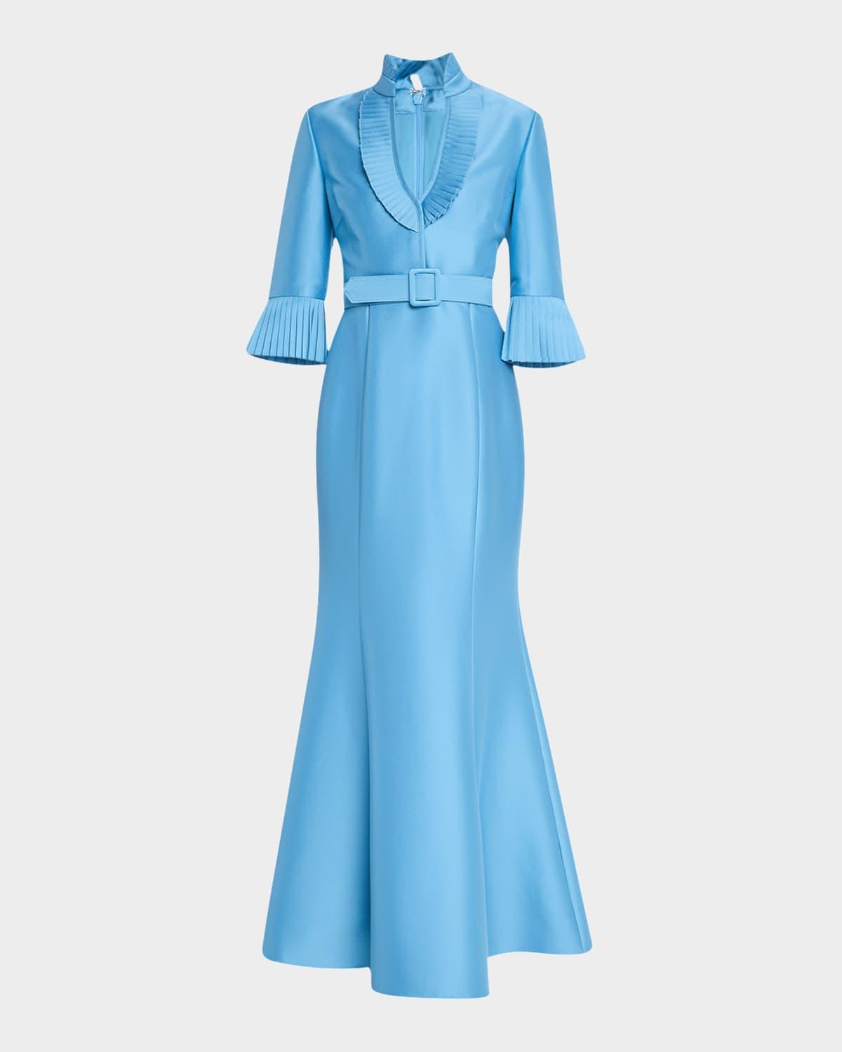pleated-trim trumpet mikado gown