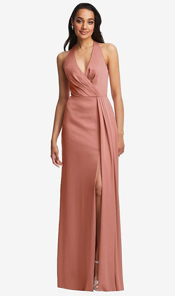 pleated v-neck closed back trumpet gown with draped front slit