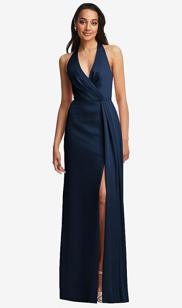 pleated v-neck closed back trumpet gown with draped front slit