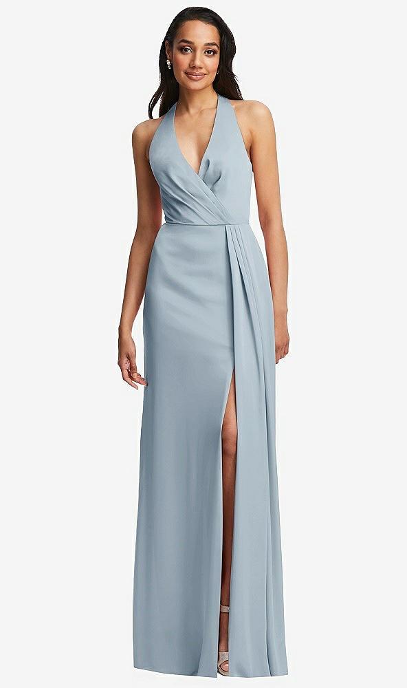 pleated v-neck closed back trumpet gown with draped front slit