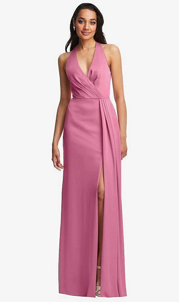 pleated v-neck closed back trumpet gown with draped front slit