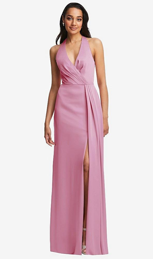 pleated v-neck closed back trumpet gown with draped front slit