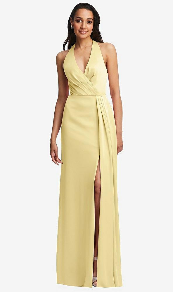 pleated v-neck closed back trumpet gown with draped front slit