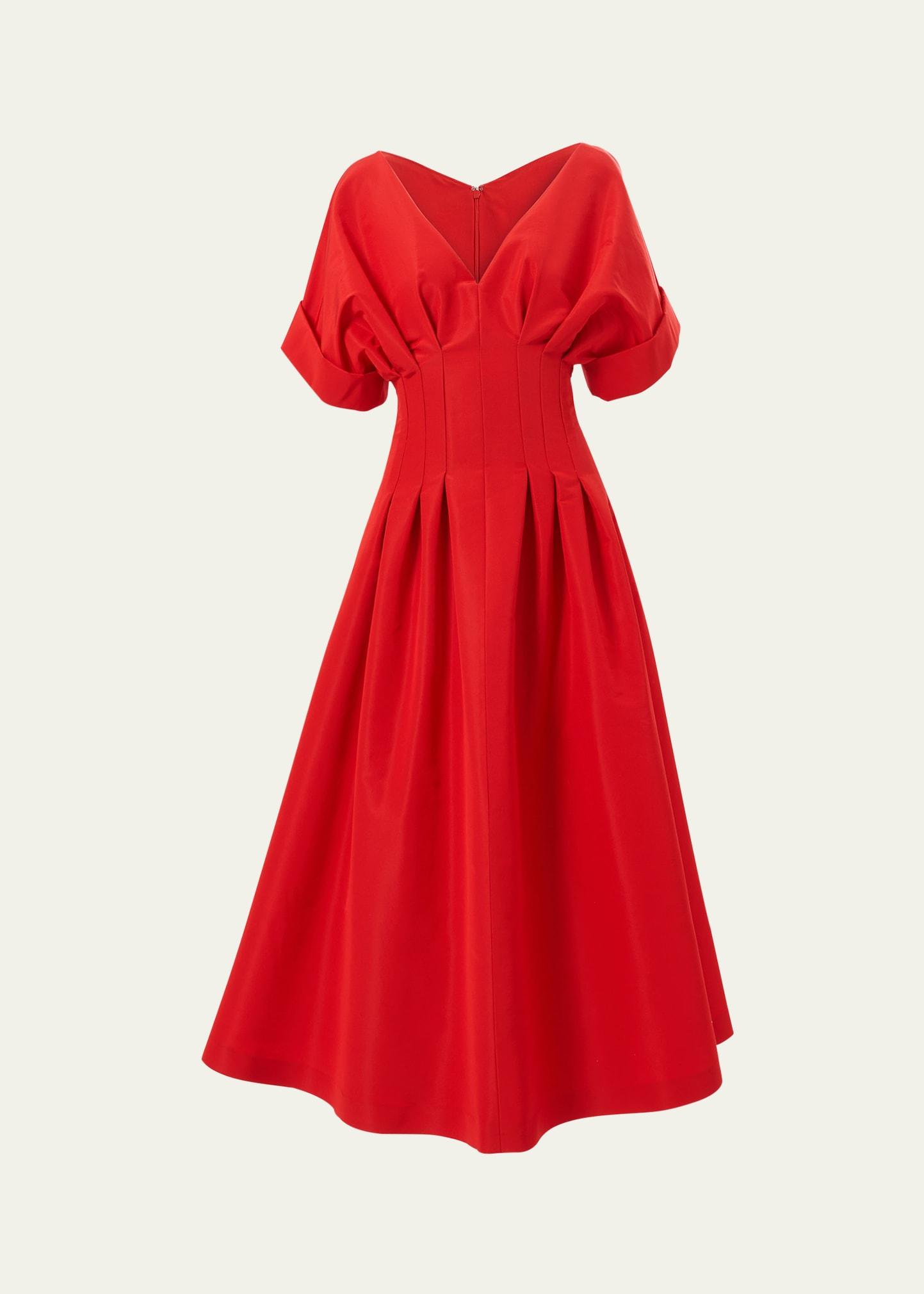 pleated v-neck midi fit-flare dress