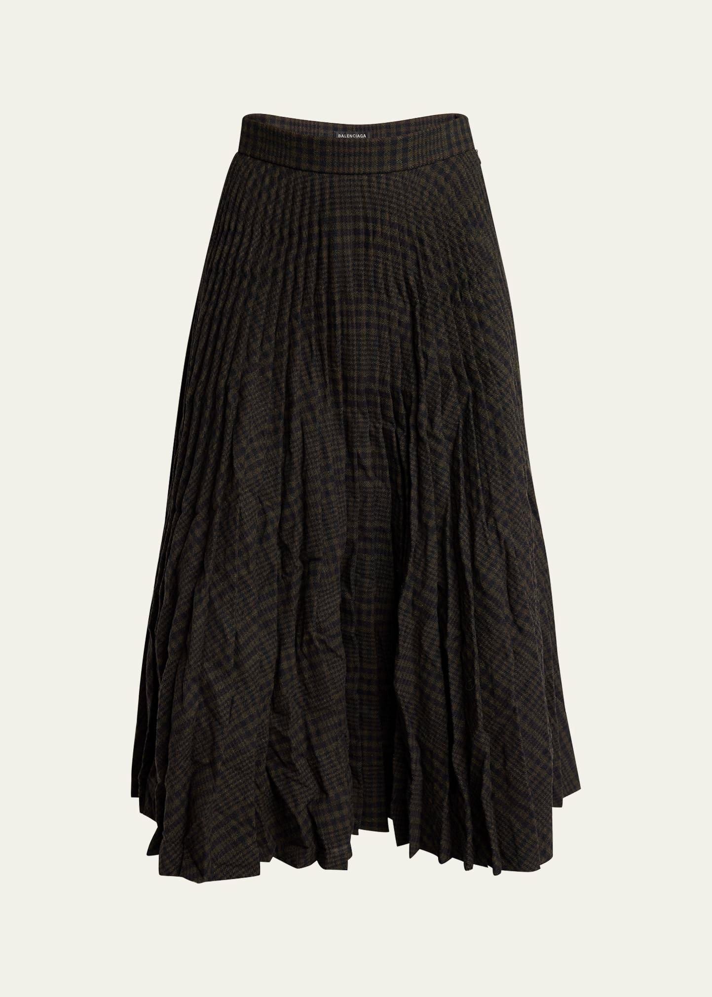 pleated vintage check wool midi skirt