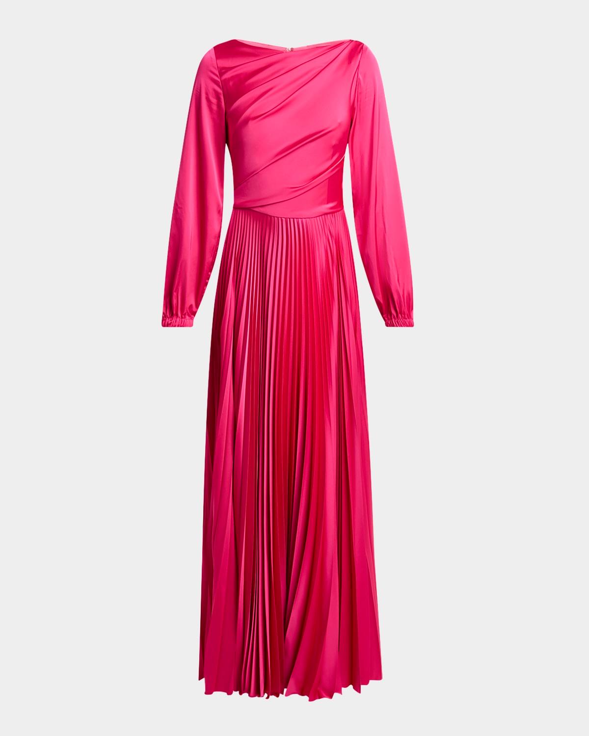 pleated voile satin long-sleeve gown