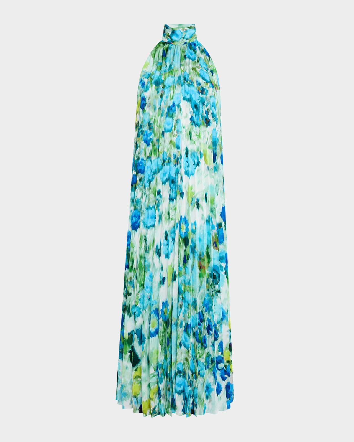 pleated watercolor-print halter midi dress