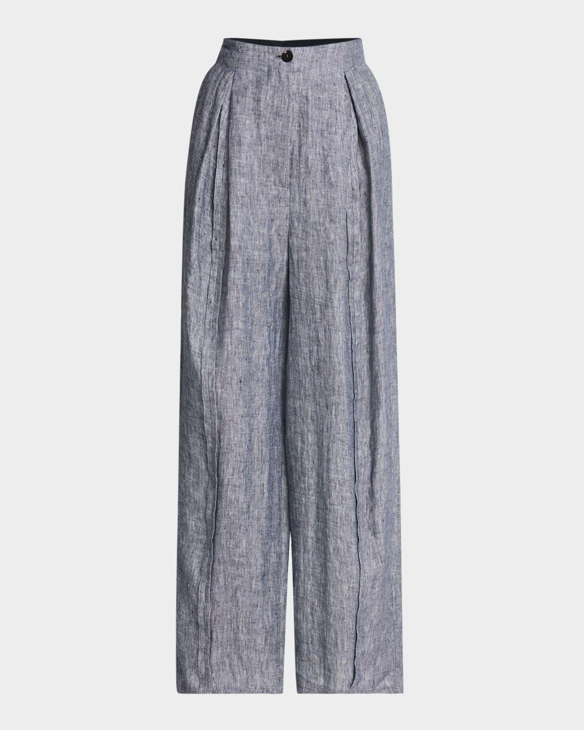 pleated wide-leg linen chambray trousers