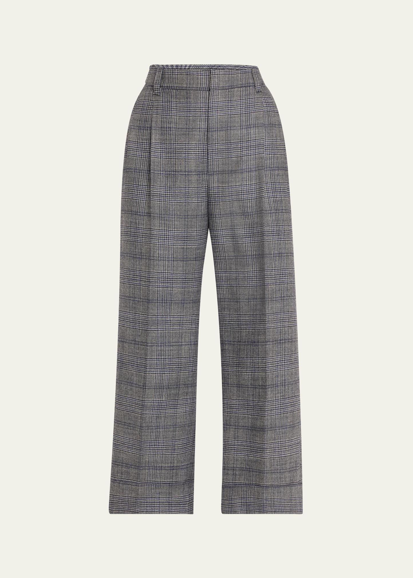 pleated wool prince of wales wide-leg crop trousers