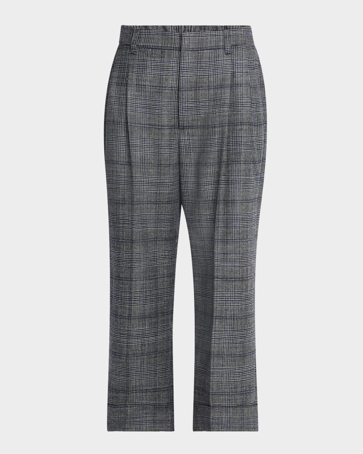 pleated wool prince of wales wide-leg crop trousers
