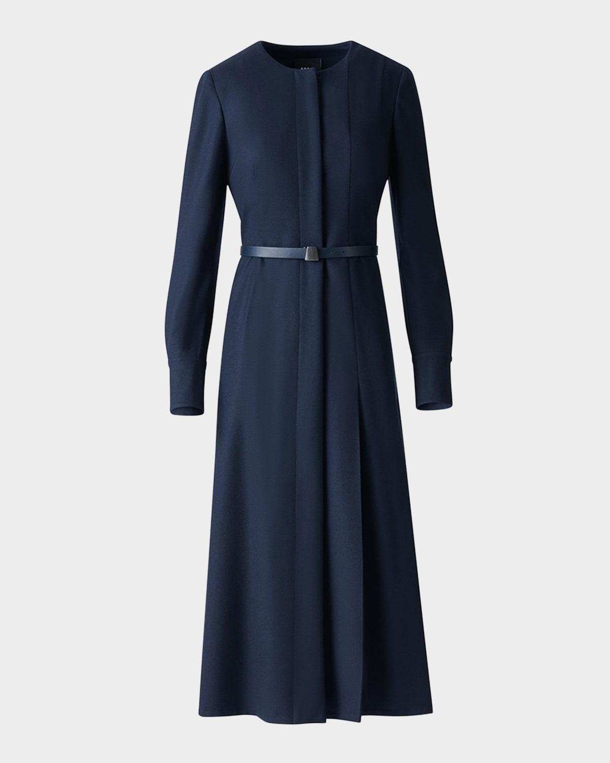 pleated wool stretch flannel midi dress with belt