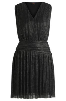 pliss pleat wrap-front dress with ruffle hem- black women's business dresses