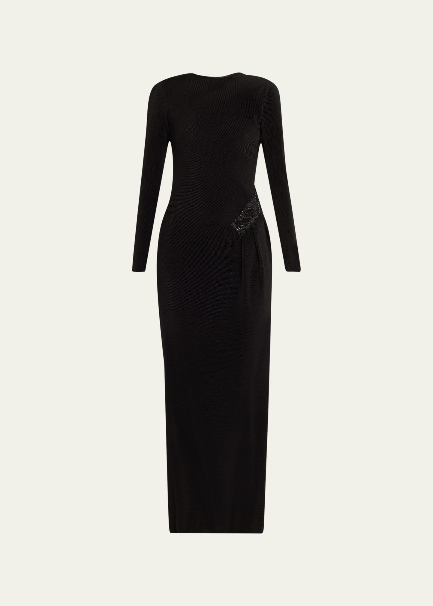 plisse jersey gown with beaded hip detail