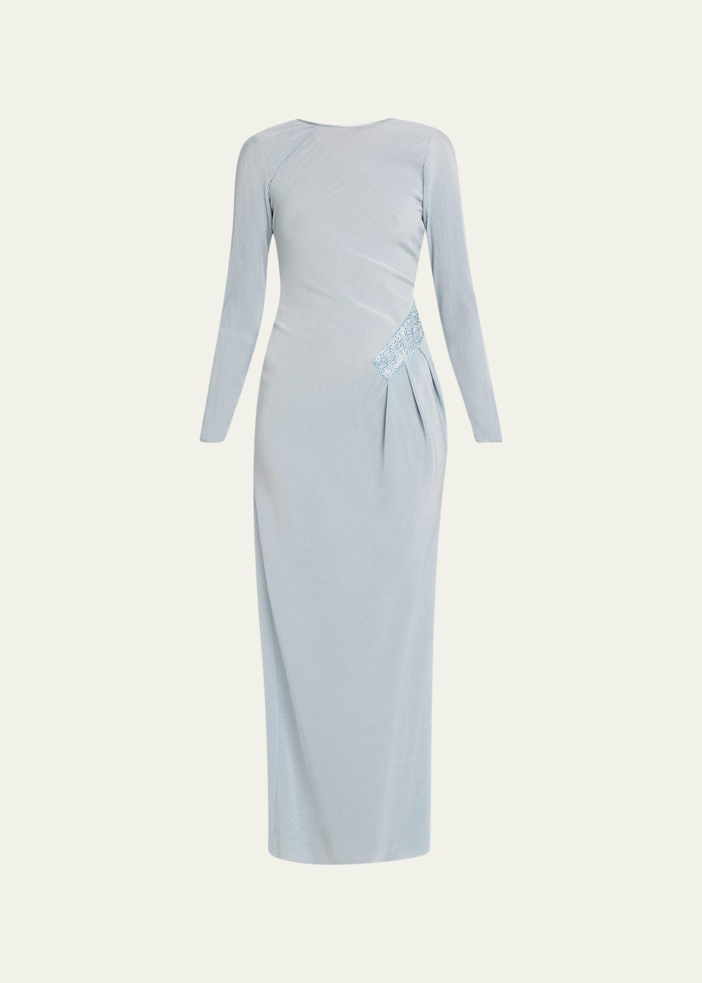 plisse jersey gown with beaded hip detail