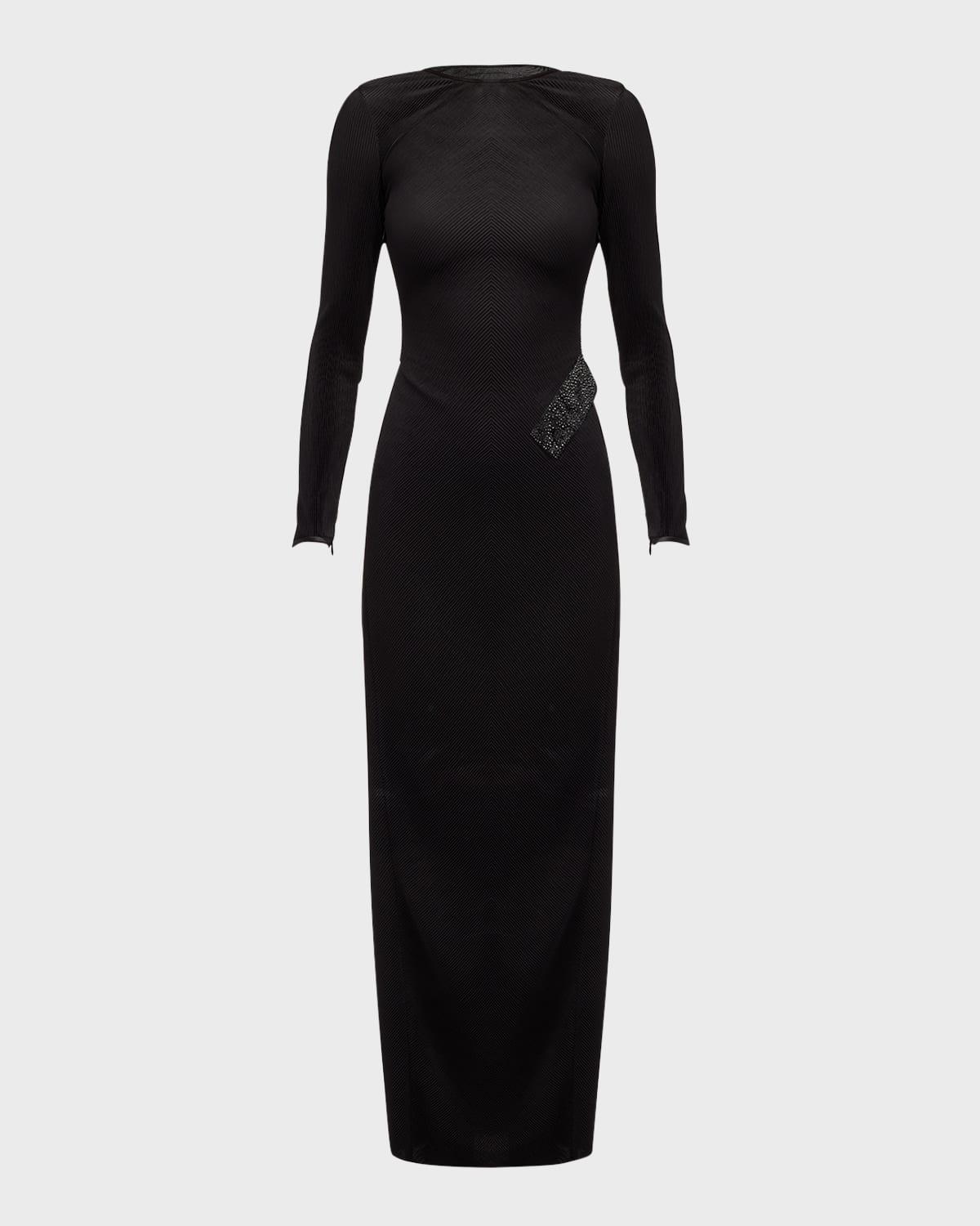 plisse jersey gown with beaded hip detail