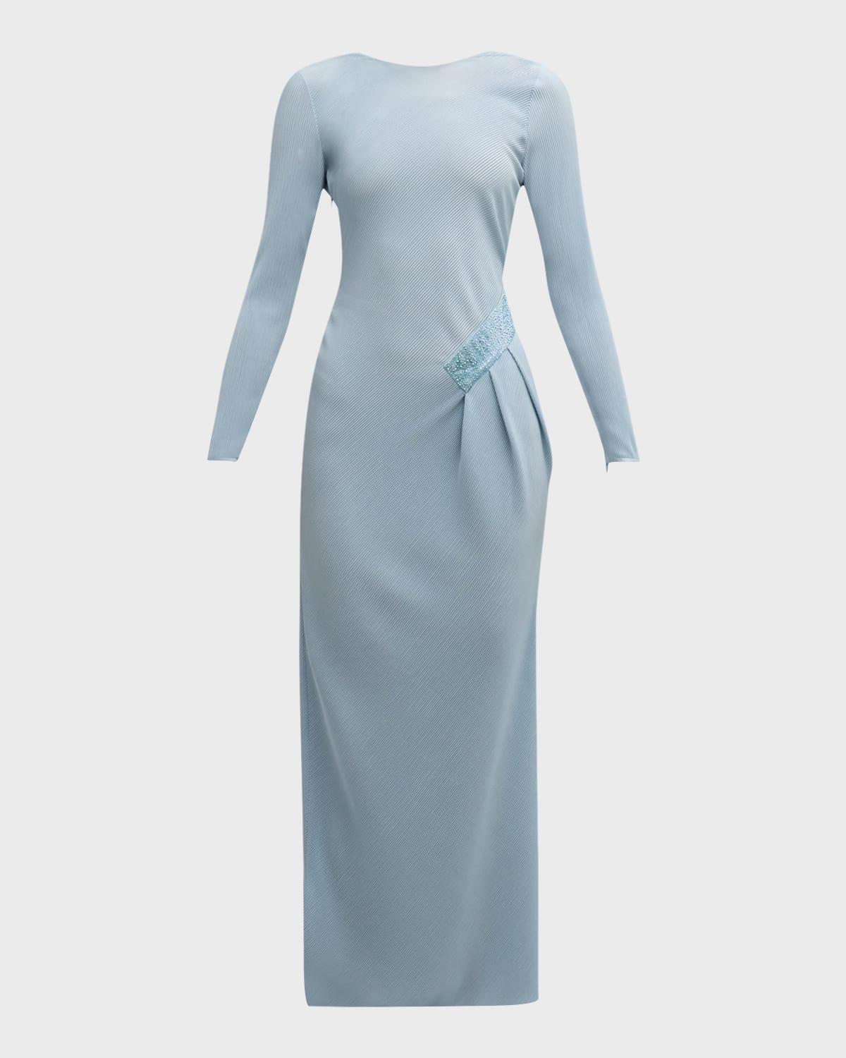 plisse jersey gown with beaded hip detail