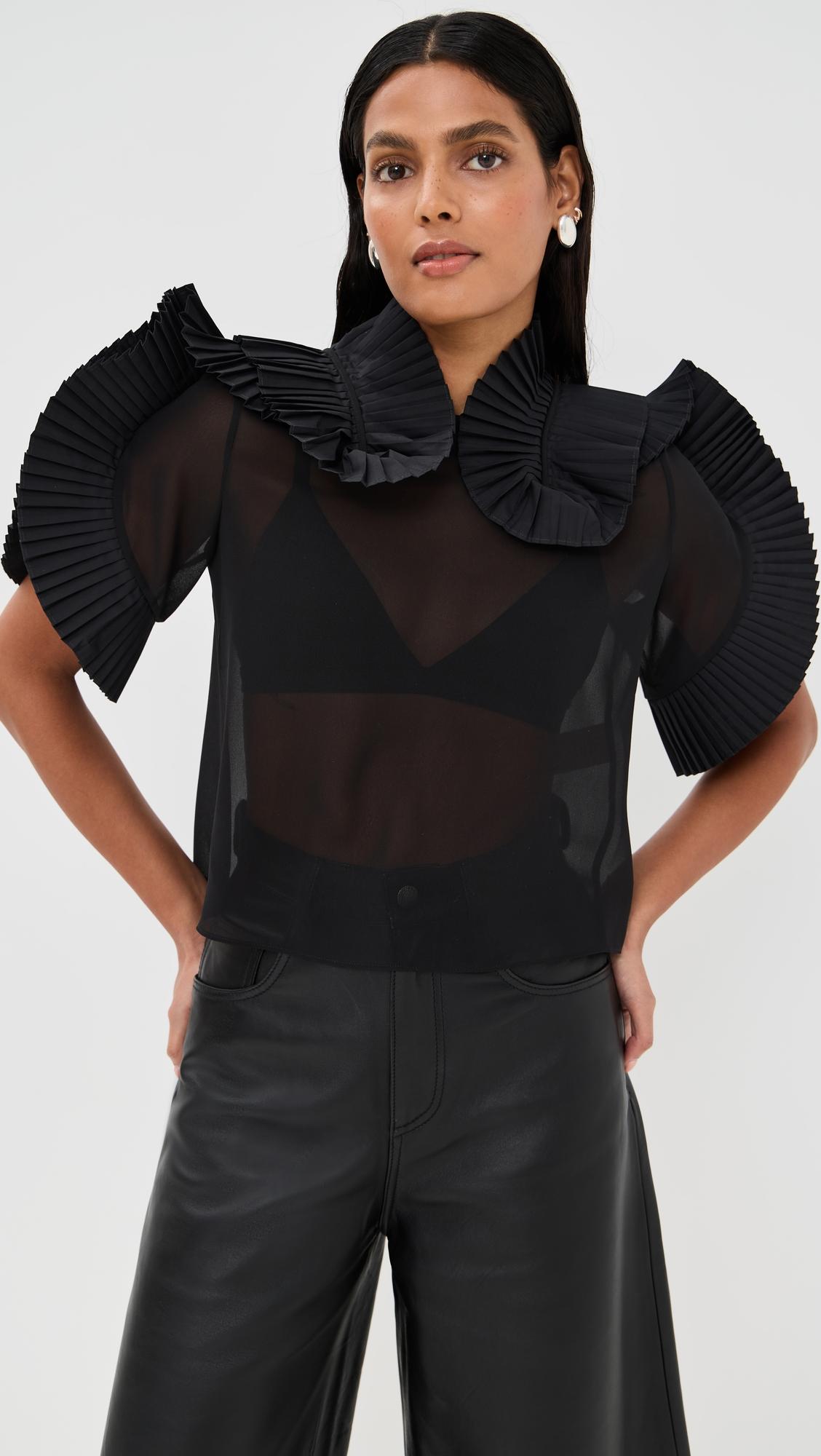 plisse ruffle sheer top in georgette