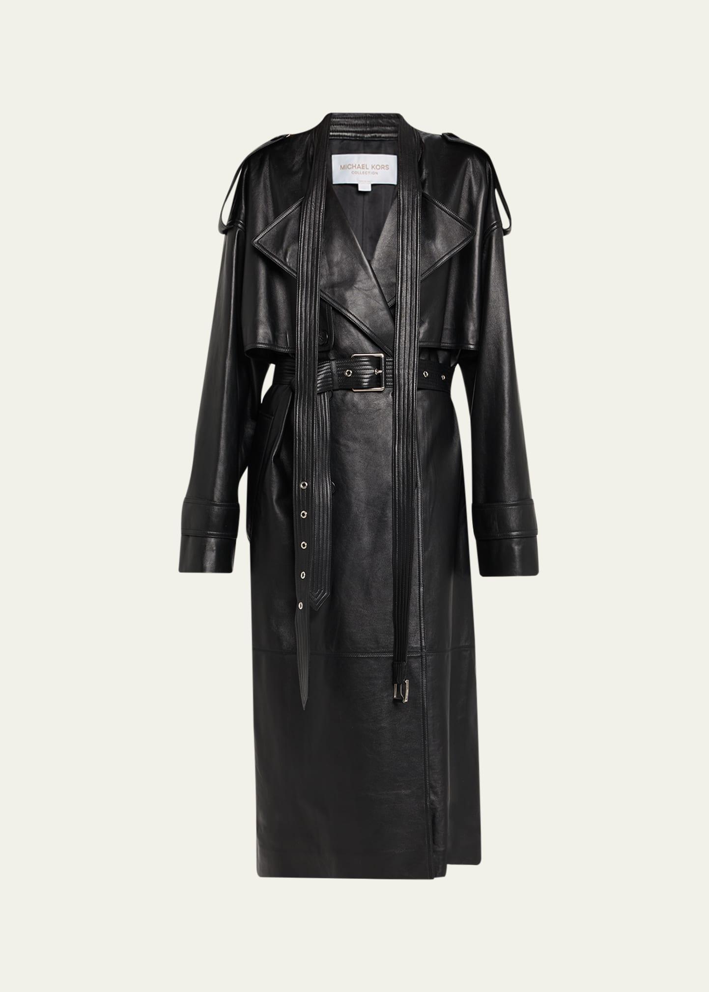 plonge leather belted trench coat