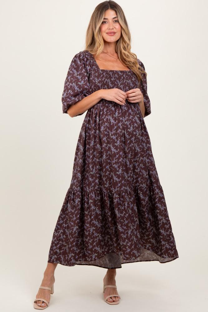 plum floral smocked hi-low puff sleeve maternity maxi dress