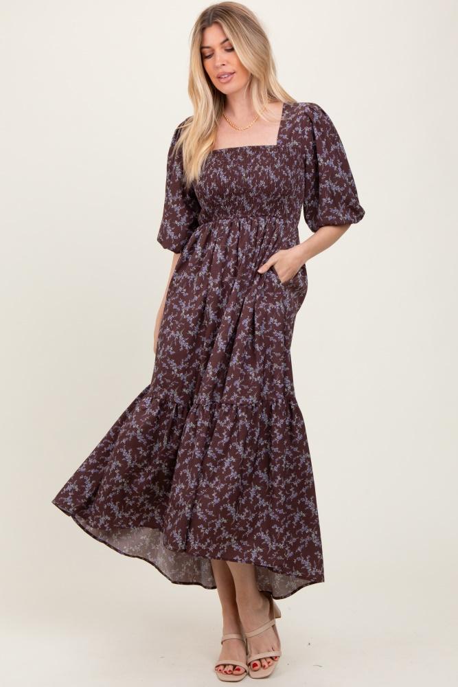 plum floral smocked hi-low puff sleeve maxi dress