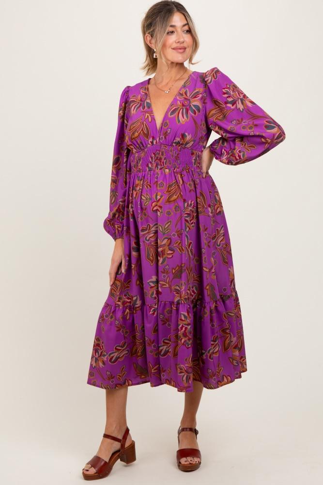 plum floral smocked waist long sleeve maternity midi dress