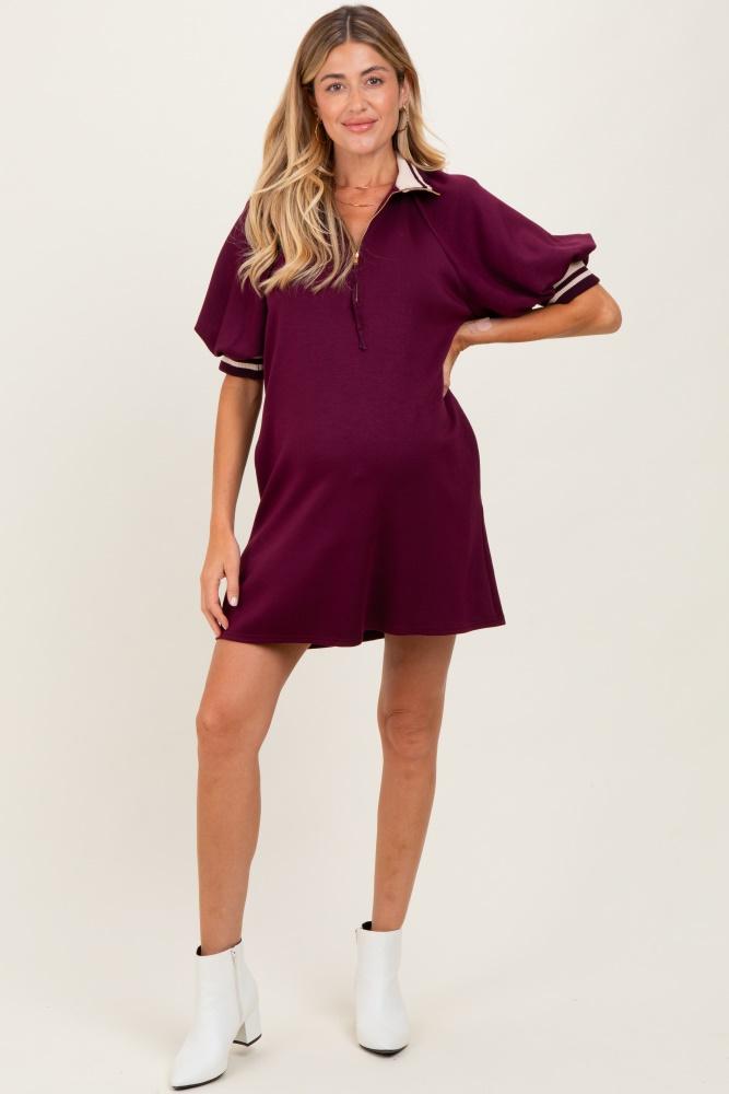 plum half zip puff sleeve maternity mini dress