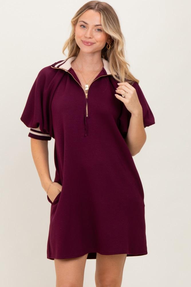 plum half zip puff sleeve mini dress