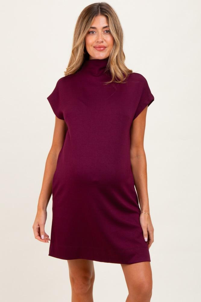 plum mock neck maternity mini dress