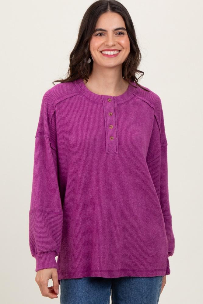 plum oversized ribbed knit henley sweater