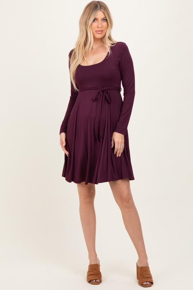 plum scoop neck long sleeve waist tie dress