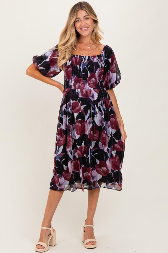 plum tulip floral smocked puff sleeve maternity midi dress