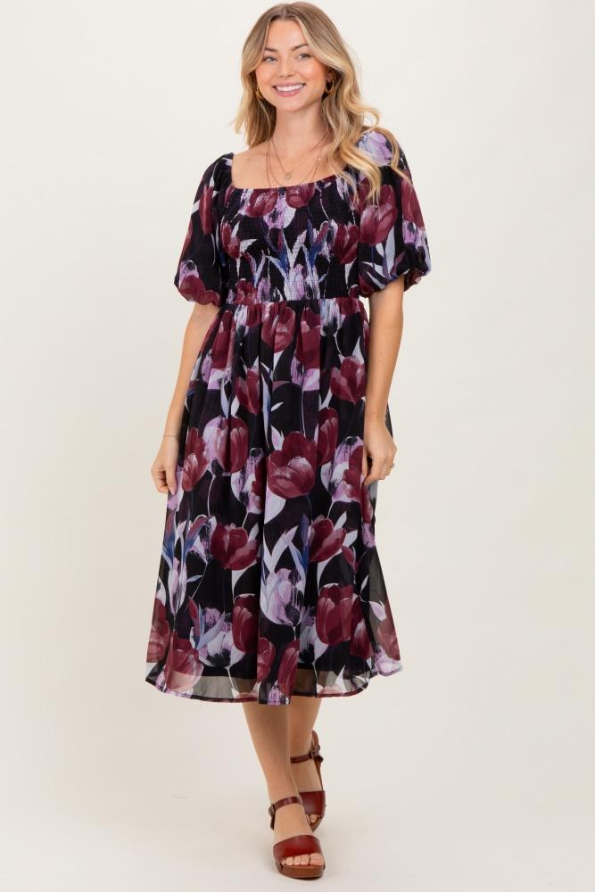 plum tulip floral smocked puff sleeve midi dress