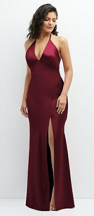 plunge halter open-back maxi bias dress with low tie back